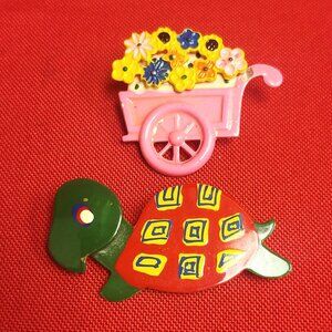Vintage Turtle Flower Wheelbarrow Cart Pin Brooch